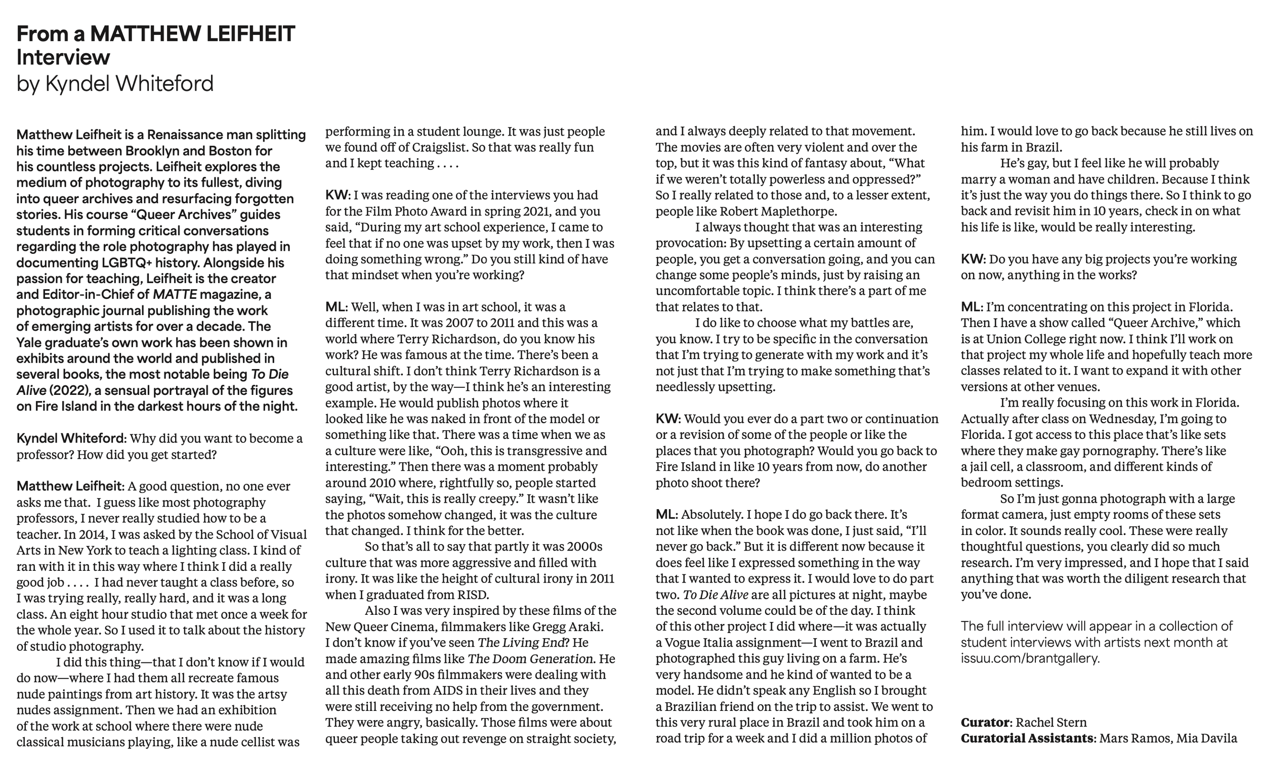 Interview w. Matthew Leifheit - Queer Archives Show at Brant Gallery 2024