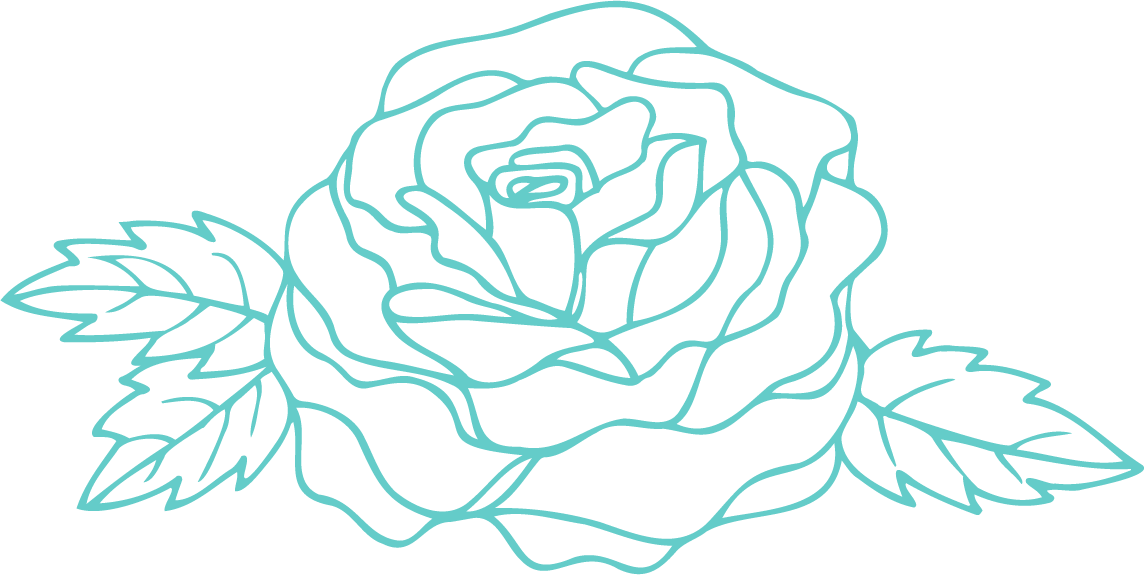 Outline drawing of a blue rose with leaves.