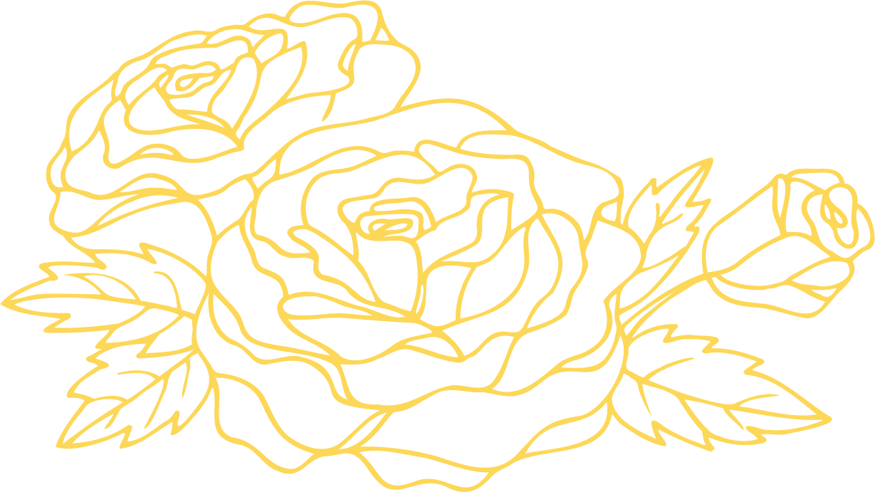Outline drawing of a yellow roses with leaves.