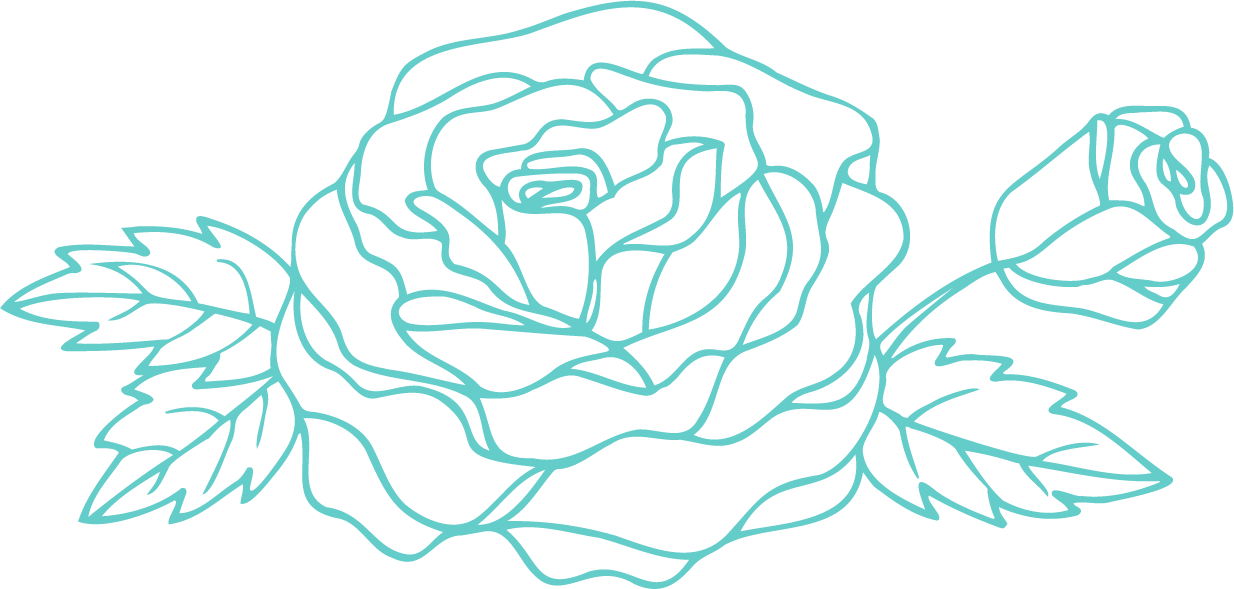 Outline drawing of a blue roses with leaves.