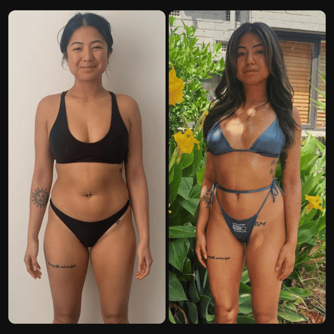 Side-by-side comparison of a woman before and after a fitness transformation, wearing minimal clothing in both images. In the left image, she is standing against a white background, smiling, with short dark hair and a black sports bra and underwear. In the right image, she is outdoors in front of green foliage, wearing a blue bikini with long wavy hair and showing visible muscle tone and tattoos.