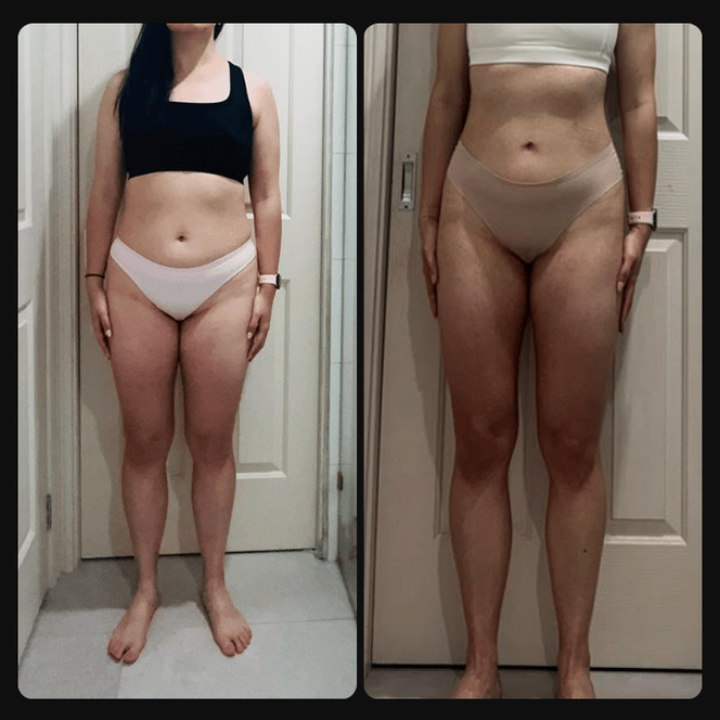 Side-by-side photos of a woman showing weight loss progress; the left photo shows her with a fuller figure, and the right photo shows her with a slimmer physique.