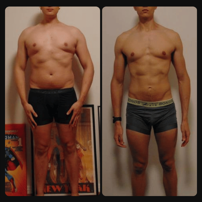 Side-by-side comparison of a man's physical transformation, showing progress from a less muscular to a more muscular physique.