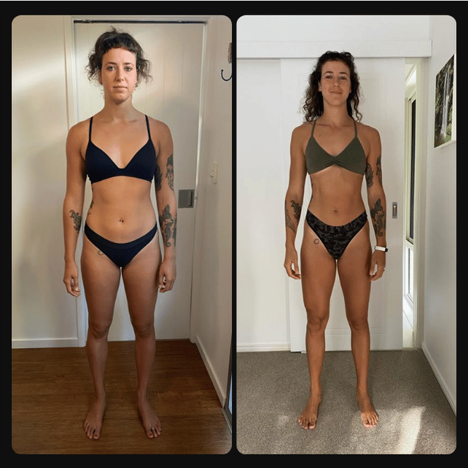 Side-by-side photos of a woman in black and green underwear showing before and after body transformation.