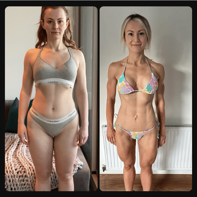 Side-by-side photos of the same woman before and after a fitness transformation, wearing different swimsuits.