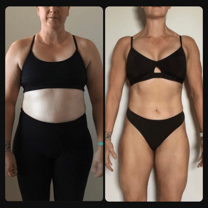 Side-by-side photos showing a woman before and after significant weight loss or body transformation, wearing black workout clothing.