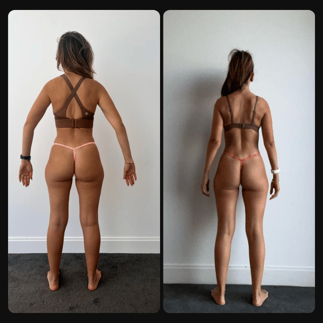 Side-by-side comparison of a woman from the back, wearing a brown sports bra and pink thong, showing changes in body shape.