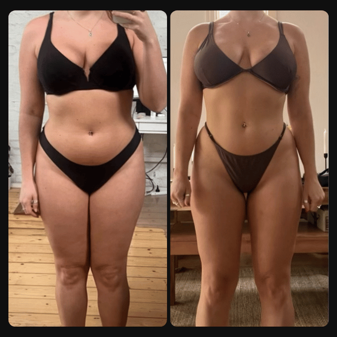 Side-by-side comparison of a woman in black lingerie showing before and after fitness transformation, with weight loss visible in the second image.