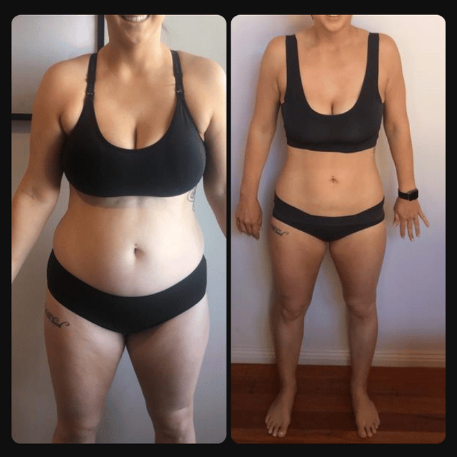 Side-by-side photos of a woman showing weight and body changes, wearing black sports bra and shorts, with a white wall background and hardwood floor in the second photo.