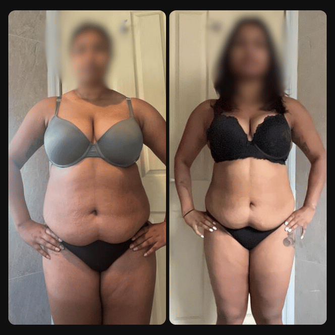 Side-by-side before and after photos of a woman showing weight loss progress, standing indoors with hands on hips.