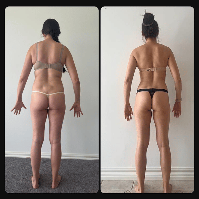 Side-by-side comparison of a woman’s body before and after weight loss or fitness transformation, facing away in minimal clothing.
