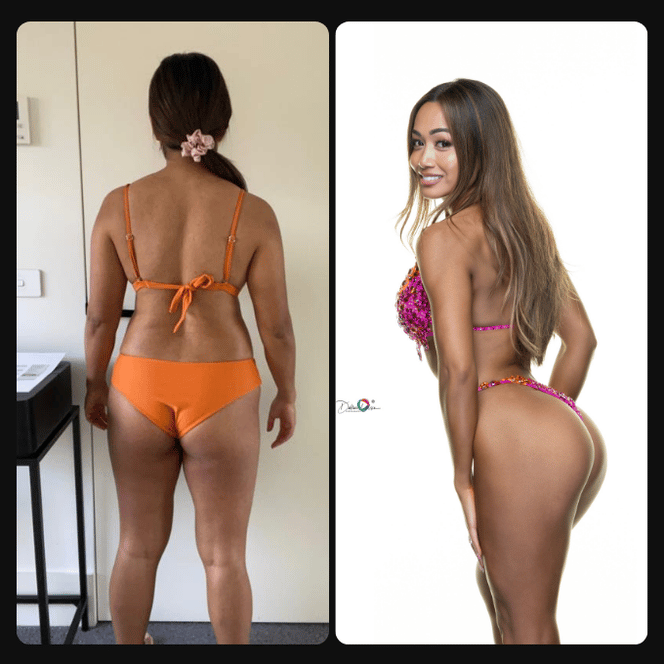 Side-by-side comparison of a woman with a different body shape and appearance in two photos. In the left photo, she is seen from the back, wearing an orange bikini with her hair tied back in a ponytail. In the right photo, she is smiling and posing in a colorful bikini, with long wavy hair flowing over her shoulders.
