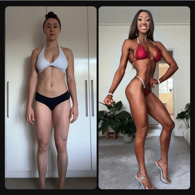 Side-by-side comparison photo of a woman before and after body transformation, first in casual underwear, second in a red bikini and high heels, displaying increased muscle tone and definition.