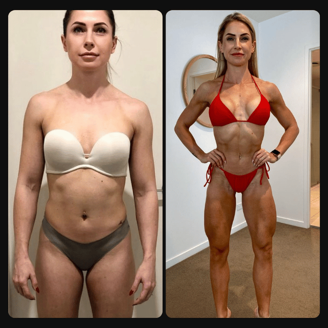 Side-by-side comparison of a woman before and after fitness transformation, wearing minimal clothing in both images.