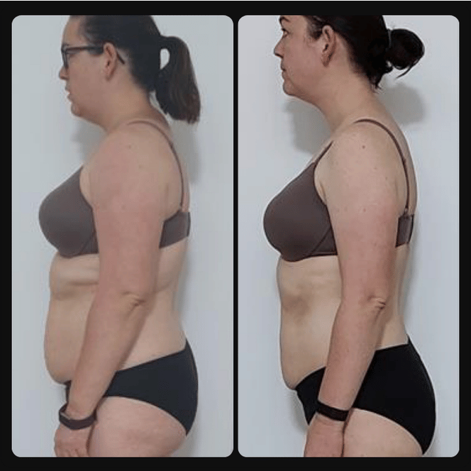 Side-by-side comparison of a woman before and after a fitness transformation, showing weight loss and body toning.