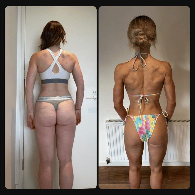 Side-by-side photos of a woman, before and after a body transformation, wearing workout clothes.