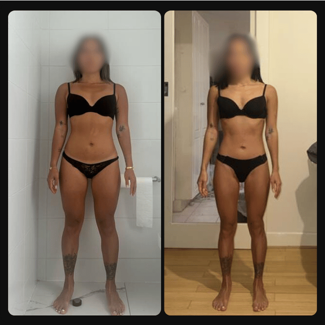Side-by-side comparison of a woman in black lingerie before and after a fitness transformation, standing with arms at her sides in a bathroom and a room with wood flooring.