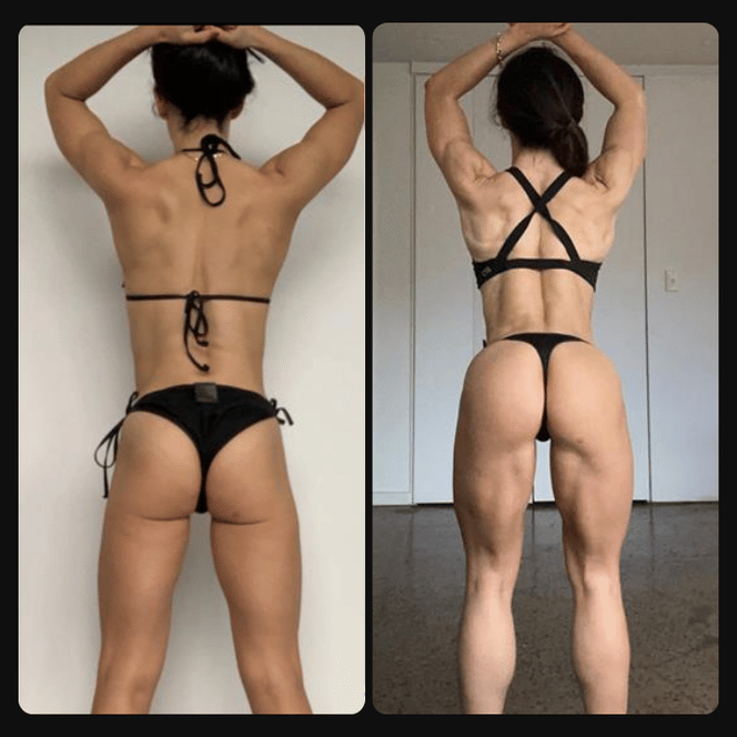Comparison of two women in black bikinis showing muscular and toned backs and legs, with arms raised above their heads.