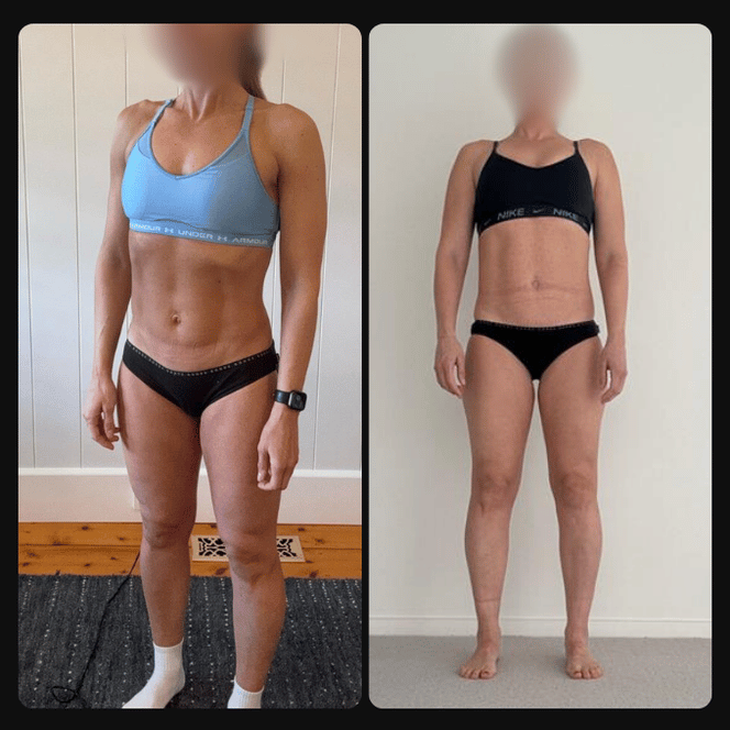 Side-by-side before and after photos of a woman with a toned physique wearing athletic wear, with a blurred face and plain background.