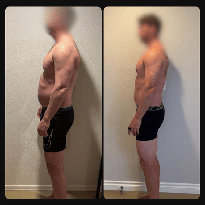 Comparison of a man's side profile before and after weight loss, showing reduced abdominal size and increased muscle tone.