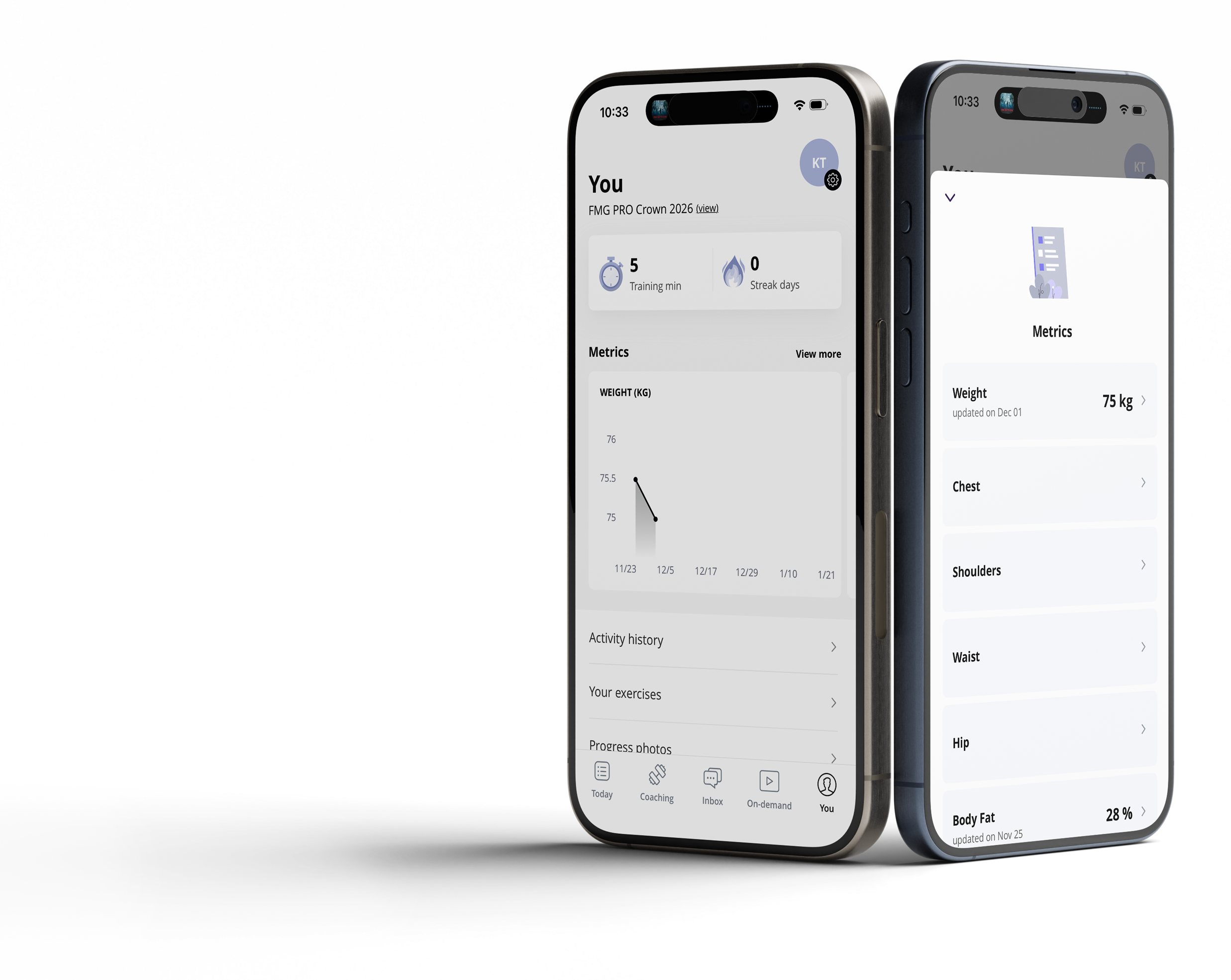 Two smartphones displaying fitness tracking apps with metrics on weight, chest, shoulders, waist, hip, and body fat.