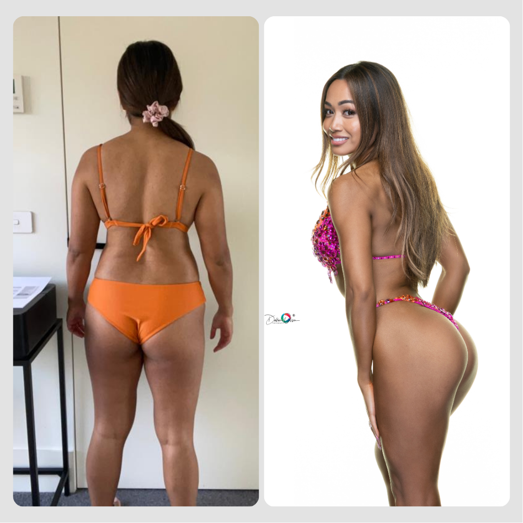 Comparison of a woman before and after fitness transformation, showing progress in muscle tone and physique, both in swimwear.