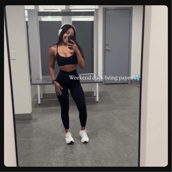 A woman in workout clothes taking a mirror selfie at the gym, with text overlay saying "Weekend dues being payed" and sweat emojis.