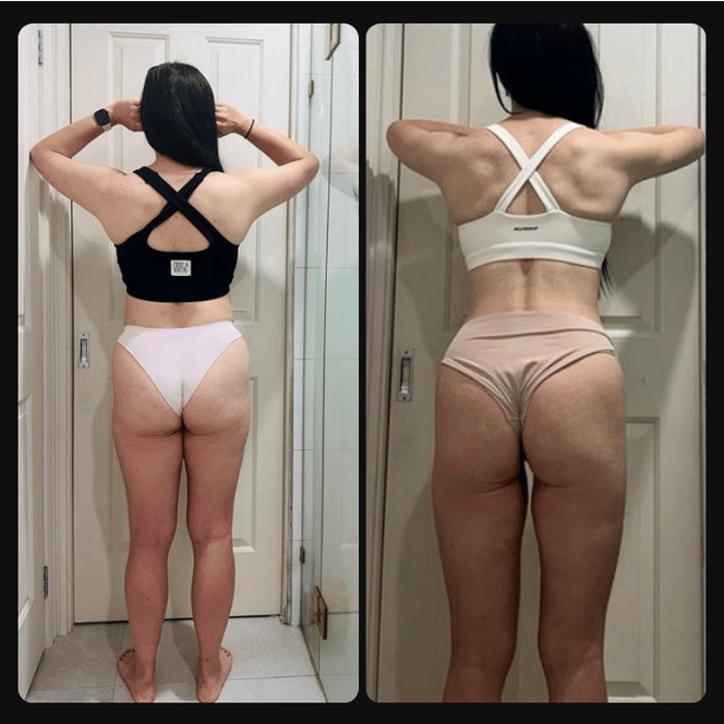 Comparison of a woman's back and legs in workout clothes before and after fitness progress, with both images taken indoors facing a door.