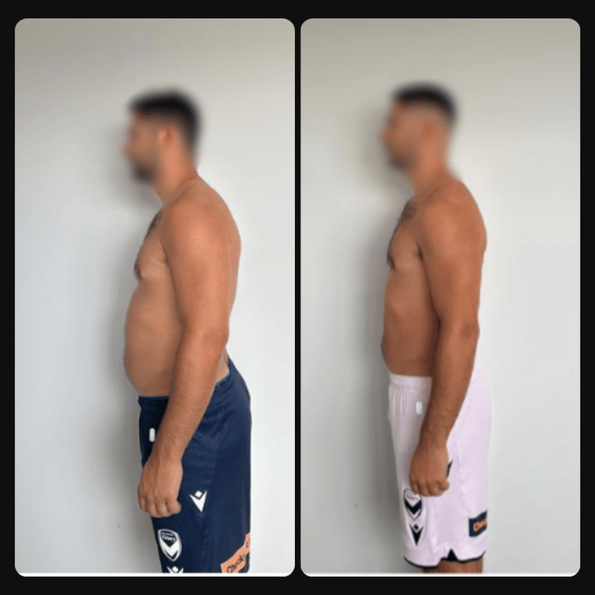 Side-by-side comparison of a shirtless man in blue shorts and in white shorts, showing progress in body transformation over time.
