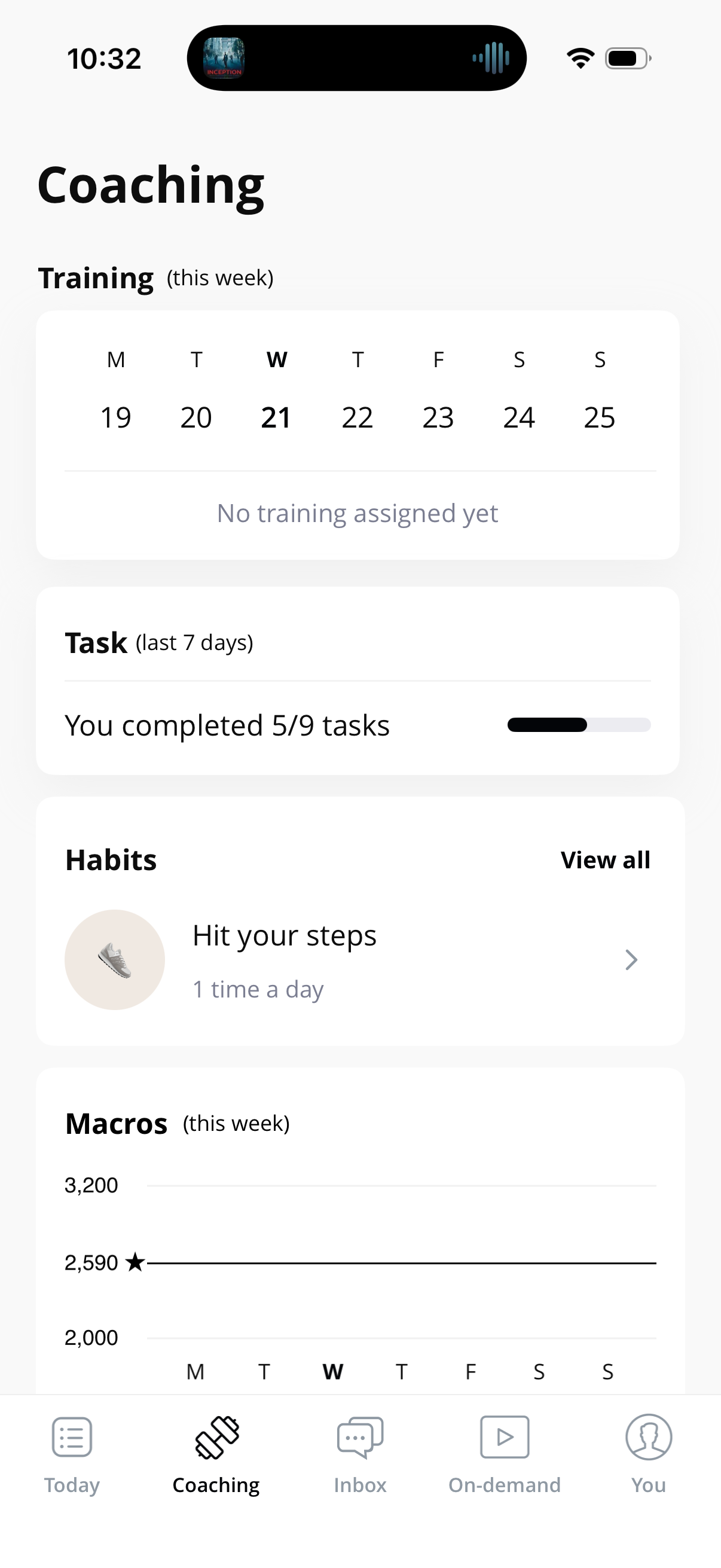 Mobile app screen showing coaching dashboard with training schedule, task completion, habits, and macro tracking.