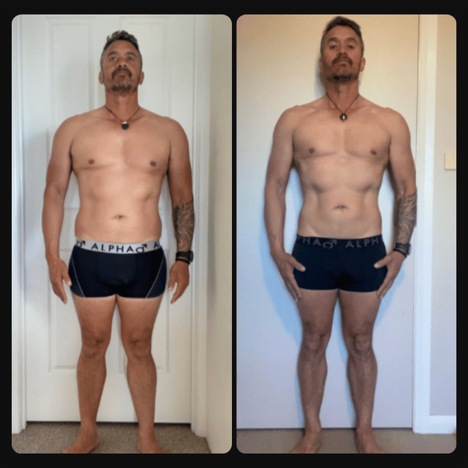 Side-by-side comparison of a shirtless man in black shorts, showing his physique before and after a weight loss or fitness transformation.