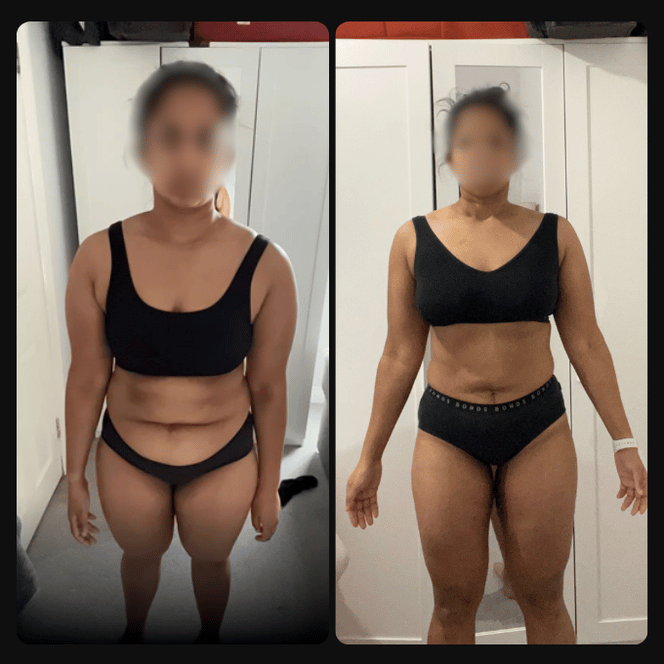 Side-by-side photos of a woman in black workout clothing, showing weight loss progress, standing in front of a white closet door in a bedroom.