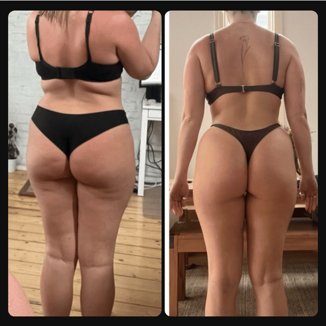 Comparison of two women from the back, both wearing black bras and underwear, showing differences in body shape and muscle tone.