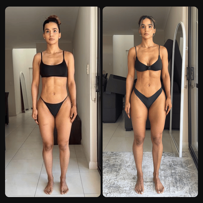 Side-by-side comparison of a woman in black undergarments showing physical transformation