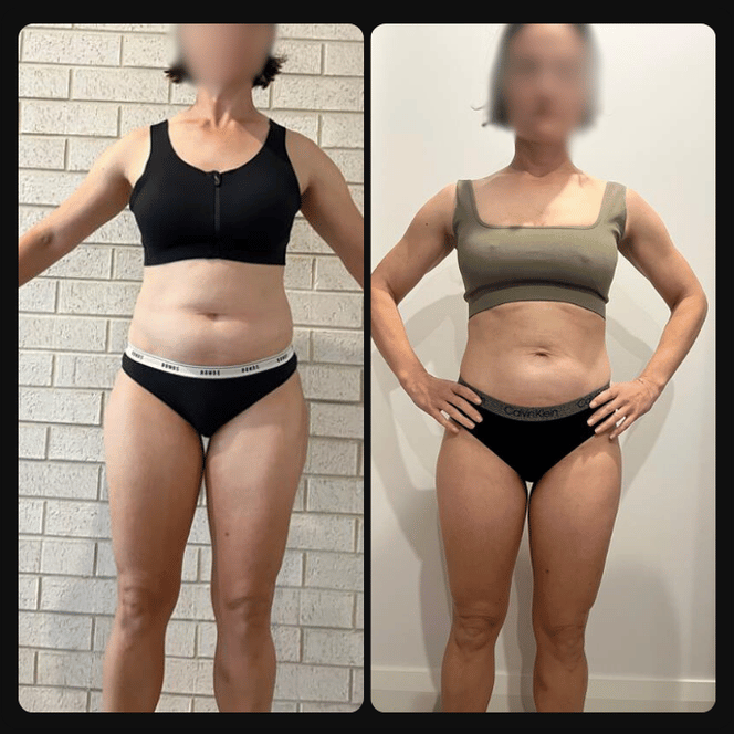 Side-by-side comparison of a woman in workout clothes, showing before and after fitness transformation. In the first photo, her arms are outstretched, wearing a black sports bra and black underwear. In the second, she is posing with hands on hips, wearing a green sports top and black underwear.