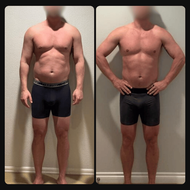 Side-by-side photos of a shirtless man showing weight loss and muscle gain, standing with hands at sides in the first photo and hands on hips in the second, wearing black shorts against neutral backgrounds.