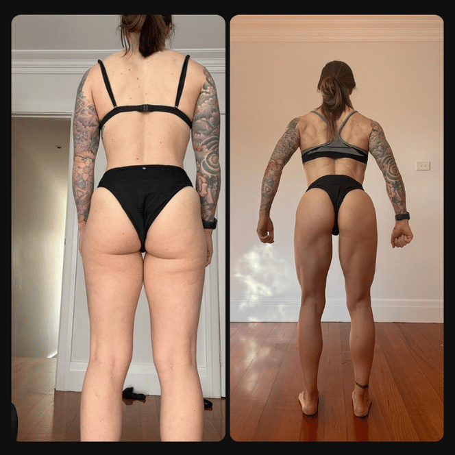 Side-by-side comparison of a woman with tattoos before and after fitness transformation, showing increased muscle tone and reduced body fat.