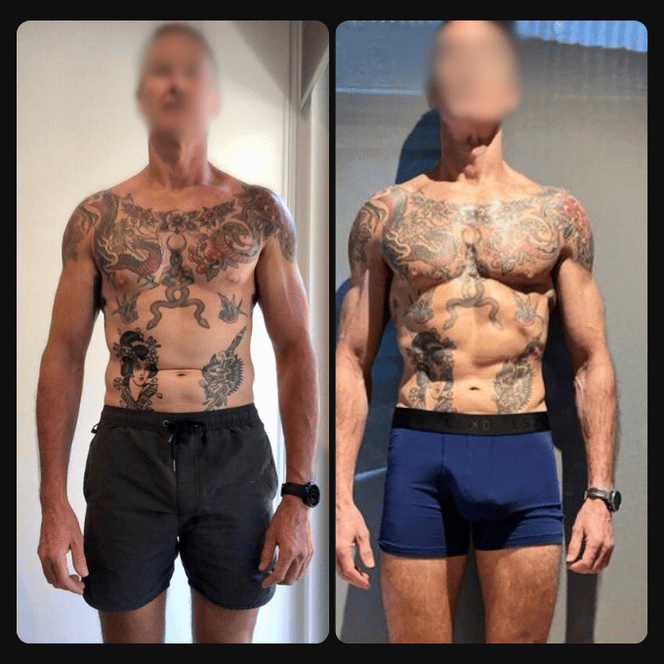 Side-by-side comparison of a shirtless man with extensive tattoos, wearing black shorts and a wristwatch, before and after fitness transformation.