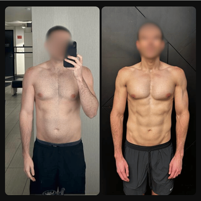 Comparison of a man before and after fitness transformation, shirtless, wearing black shorts, with blurred face in both images.