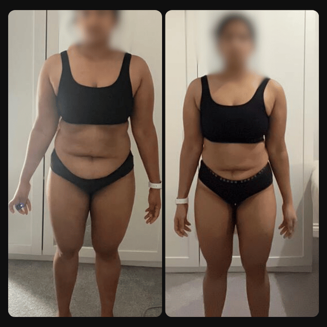 Side-by-side comparison of a woman before and after weight loss, wearing black tank top and underwear, standing indoors in front of a light-colored closet.