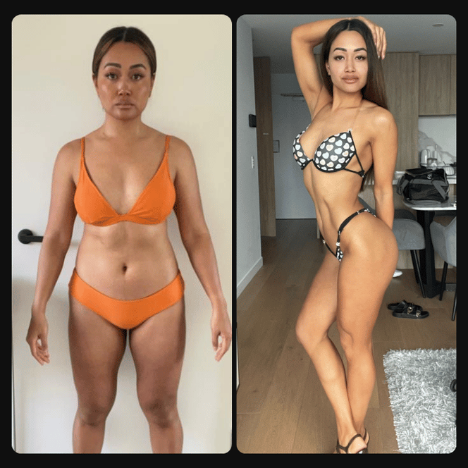 Side-by-side comparison of a woman before and after a fitness transformation, wearing different swimwear in indoor settings.