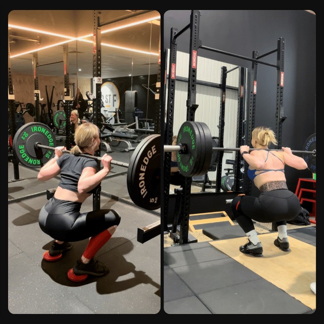Two women squatting while lifting barbells in gym settings, each in front of squat racks.