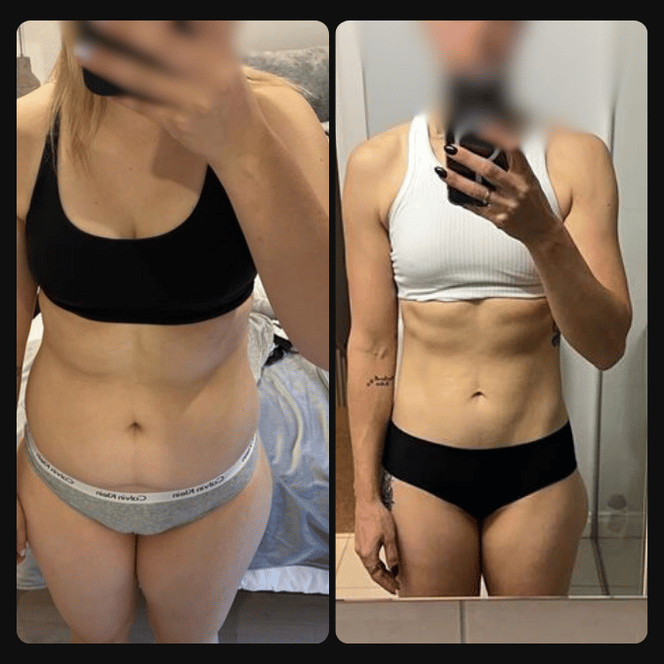 Side-by-side comparison of a woman before and after weight loss, showing a slimmer figure in the second image, with both photos taken in front of a mirror while wearing sports bras and underwear.