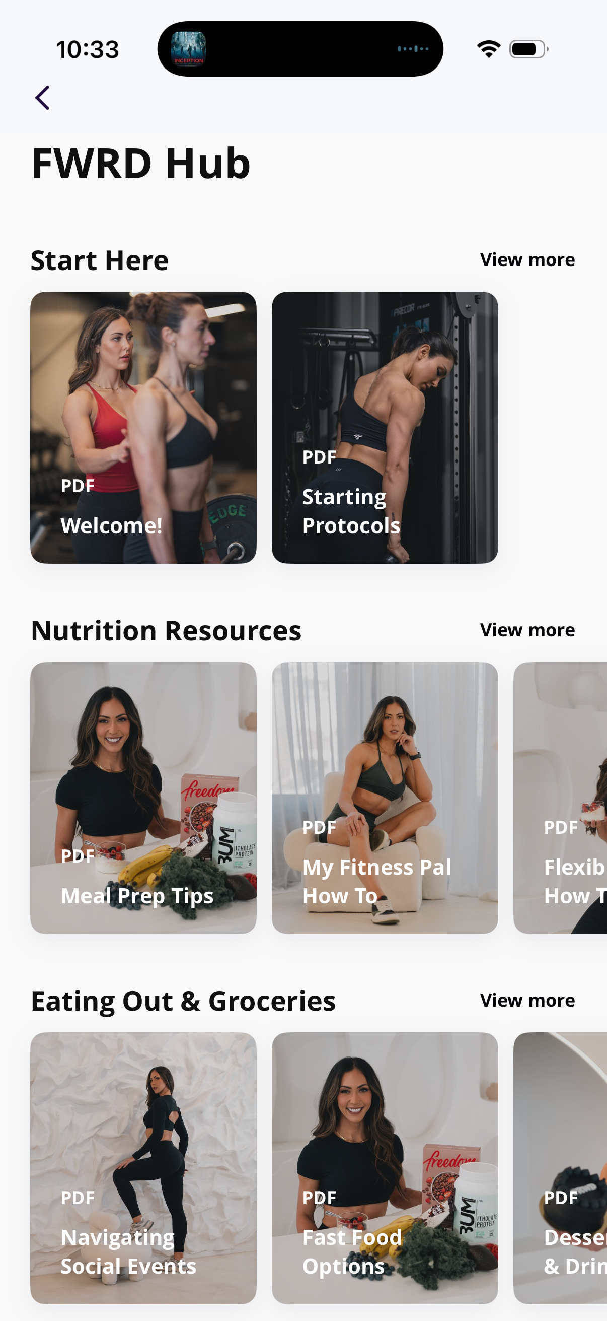 Mobile app interface for FWRD Hub displaying categories: Welcome, Starting Protocols, Meal Prep Tips, My Fitness Pal How To, Navigating Social Events, Fast Food Options, and Desser & Drinks, with images of women working out, eating, and socializing.