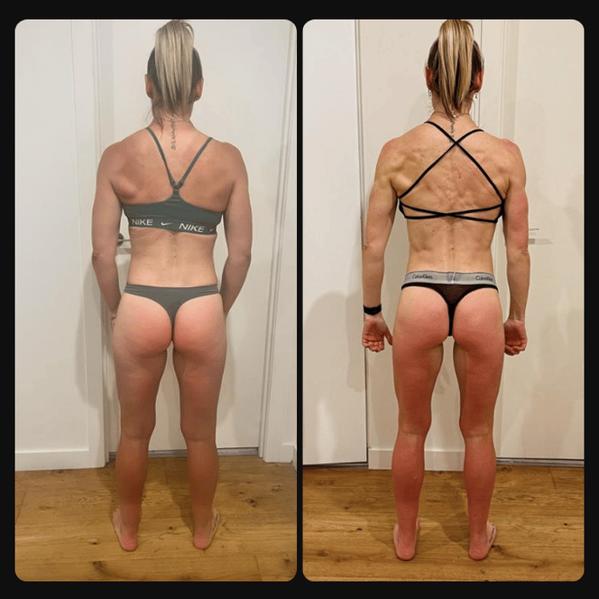 Side-by-side comparison of a woman before and after physical transformation in workout gear, showing muscle tone and body changes.