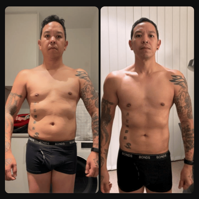 Before and after photos of a shirtless man in black boxer briefs showing physical transformation.