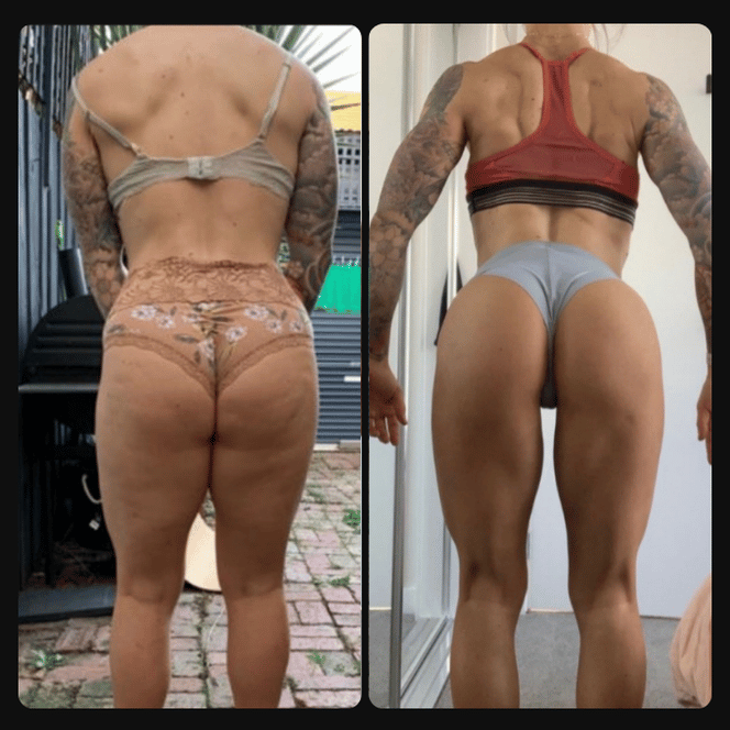 Side-by-side comparison of a woman's back and legs before and after an exercise or fitness transformation, highlighting muscle toning and body composition changes.