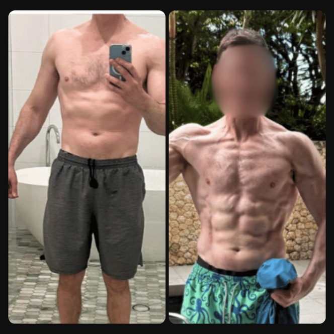 Side-by-side comparison of a shirtless man before and after significant weight loss, showing increased muscle definition and lower body fat.