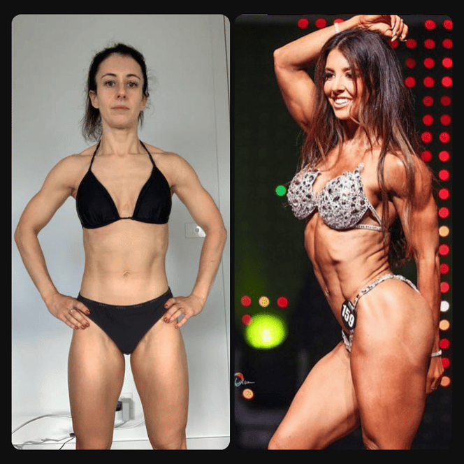 Side-by-side photos of two women showing muscular physiques, one in a black bikini standing with hands on hips, and the other in a competition pose wearing a sparkly bikini with one arm raised.
