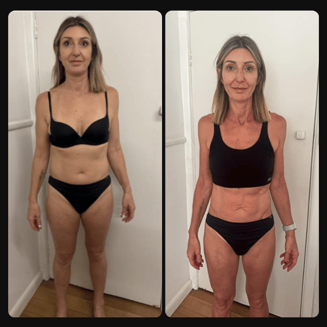 Side-by-side photos of a woman before and after fitness or weight loss transformation, wearing black workout clothes, standing in front of a white door.